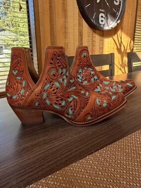 Women's Brown Western Embroidered Ankle Boots with Turquoise Accents